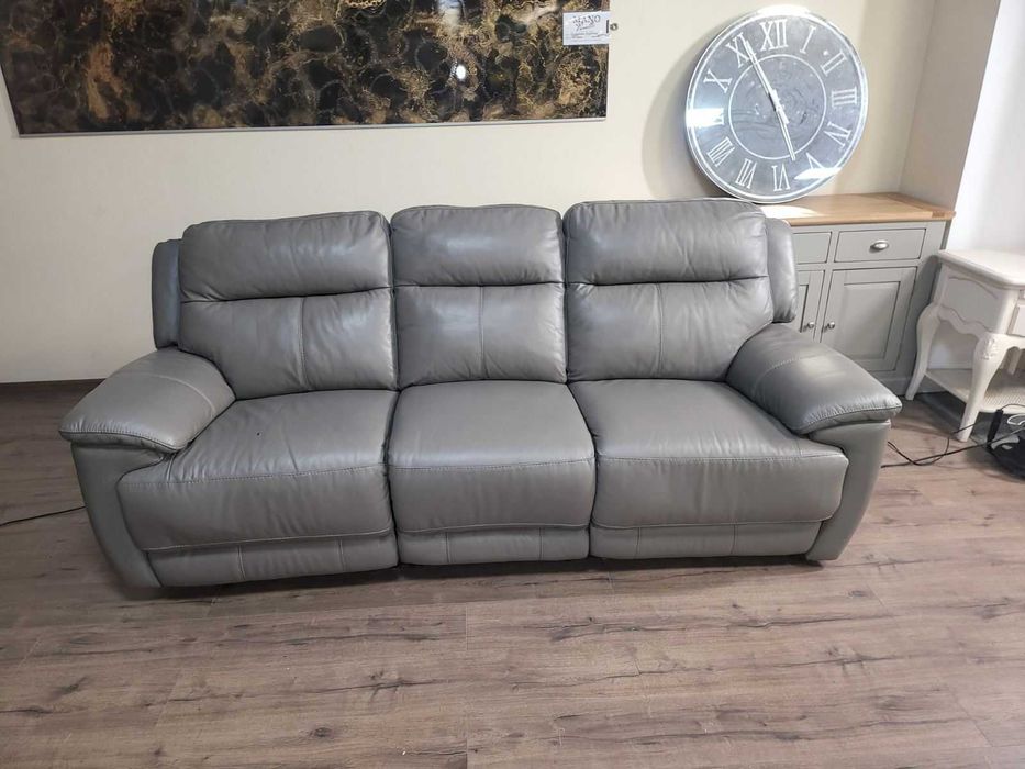 Сив кожен комплект дивани тройка и двойка с ел. релакс механизъм