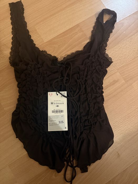 Тъмно кафяв бохо топ с дантела и връзки – ZARA (нов с етикет)