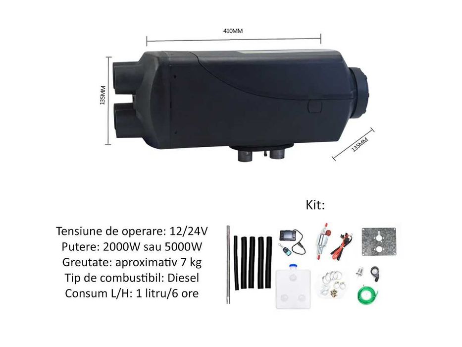 Aeroterma diesel cu telecomanda si  LCD vehicule 12V/24V 2000W/5000W