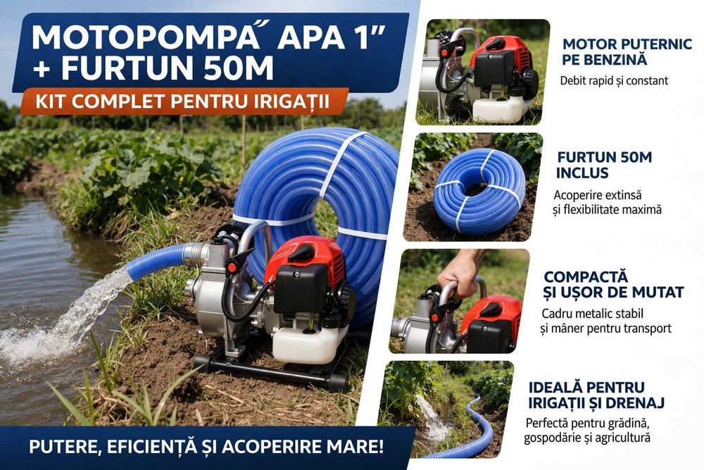 Motopompa Apa 1” + Furtun 50m Kit Complet Irigatii