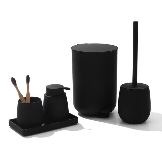 Set Complet Accesorii Baie Cos Perie Dispenser Negru Nou