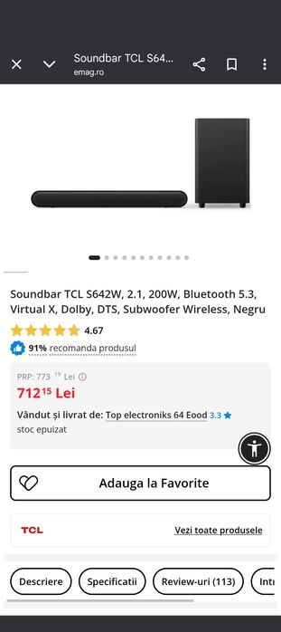Vând Soundbar TCL S642W, 2.1, 200W