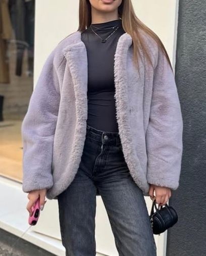 HM лилаво oversized палто изкуствен косъм