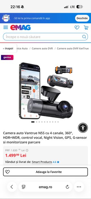 Camera auto Vantrue N5S cu 4 canale, 360°, HDR+WDR , Night Vision