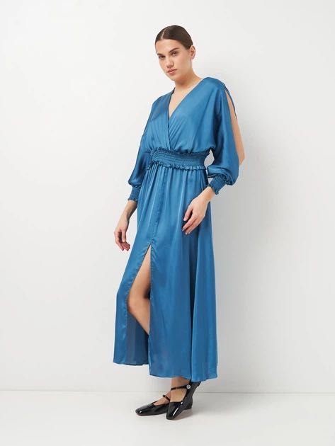 Rochie lungă satin turcoaz mâneci bufante elastic talie Zara mărimea S