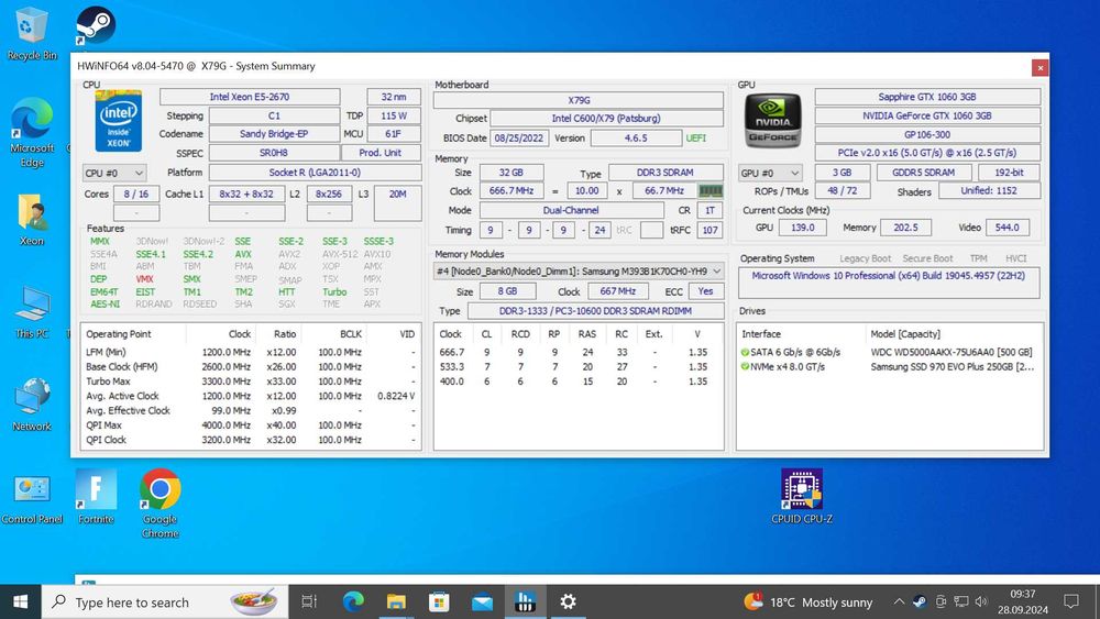 Intel Xeon E5-2670 (8c/16Thr), OEM X79, GTX1060, 32GB, SSD240, HDD500
