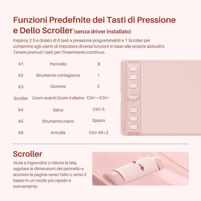 Tabletă grafică HUION Inspiroy 2 S roz | 6 taste programabile + scroller | stylus PW110 fără baterie | 8192 niveluri presiune
