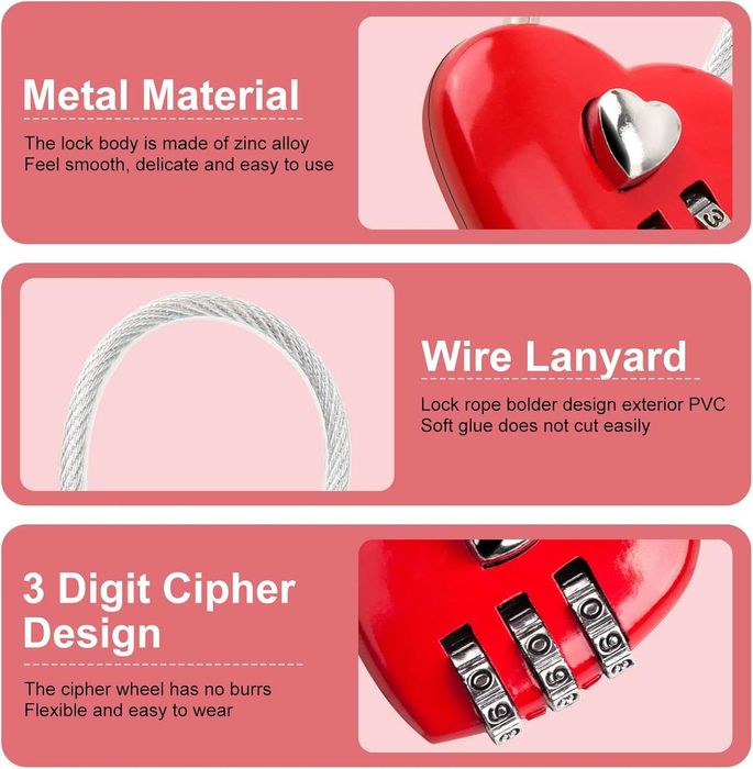 Lacat de calatorie in forma de inima 3 cifre resetabile rosu 4x8 cm