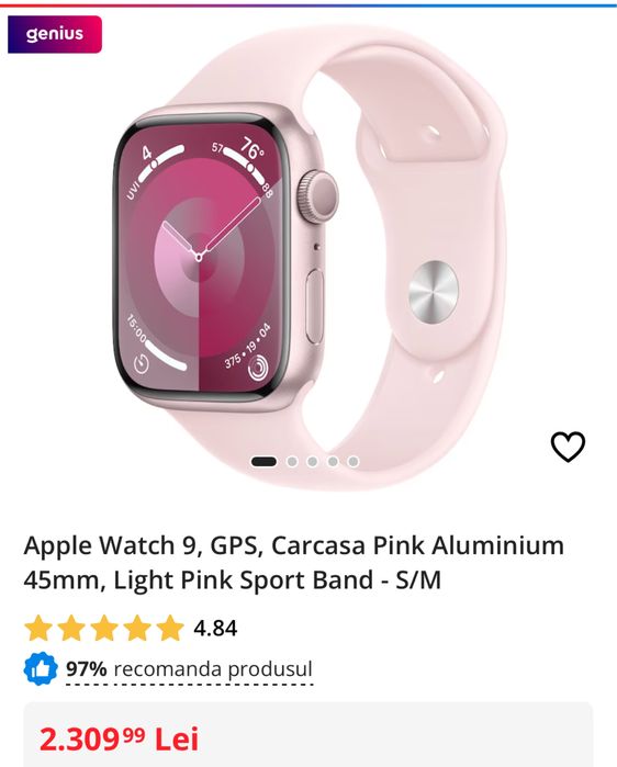 Apple Watch 9, GPS, Carcasa Pink. SIGILAT, transport inclus