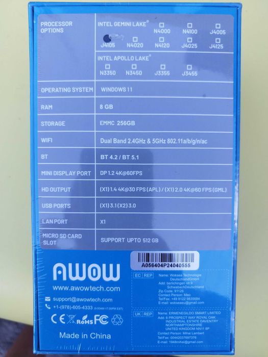 AWOW Fanless Mini PC Stick Windows 11 Pro 8GB RAM 256GB ROM