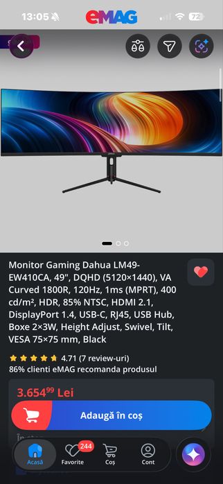 (Garantie 3 ani) Monitor ultrawide Gaming 49” 120Hz 32:9