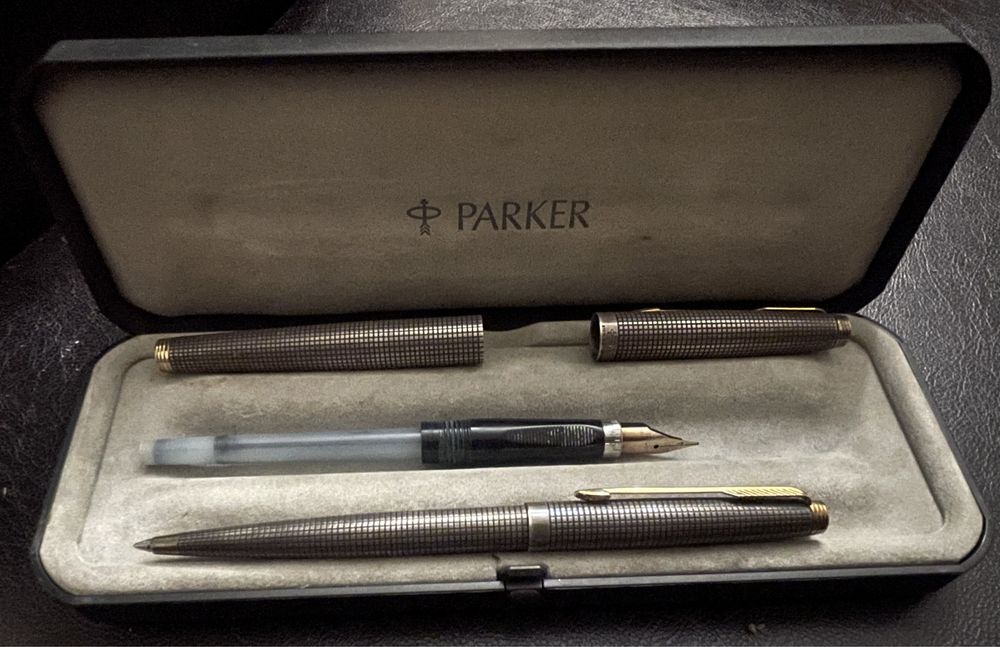 Stilou și pix parker cap & barel USA argint/ aur 585