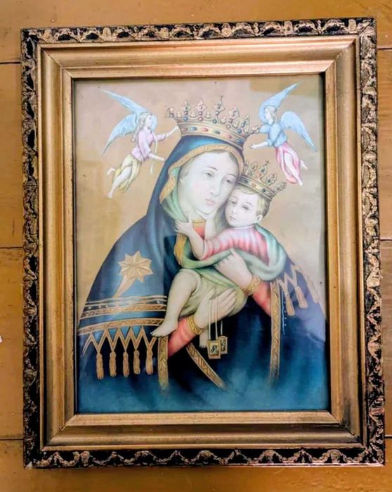 Icoană veche –cromolitografie litografie color, ramă aurită originală.