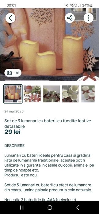 Set de 3 lumanari cu baterii cu fundite festive detasabile