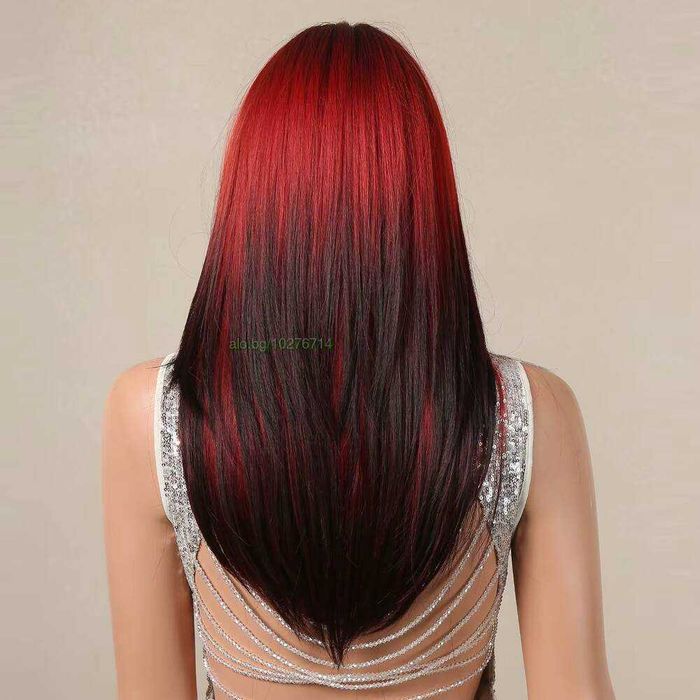 Ефектна омбре перука черно червена с бретон 60 см