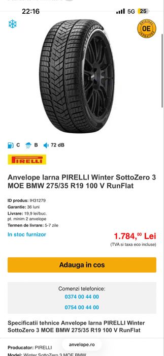 Set anvelope Pirelli Sottozero 3 M+S RunFlat Steluta BMW 275/35/20 - 245/40/20 - Ca noi - Rulaj 500Km