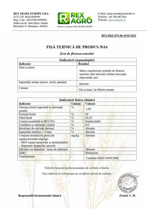 Șrot de floarea-soarelui furajer vrac | Proteină 39% | DSVSA OK