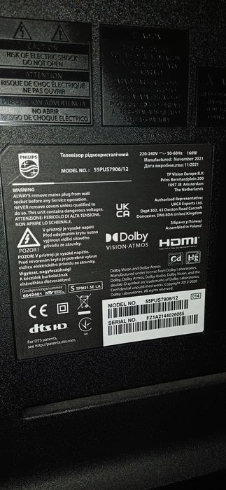 Televizor second-hand Philips din seria 7900 (55 inch / 139 cm, 4K UHD, Ambilight cu 3 laturi, Android TV, Dolby Vision/Atmos