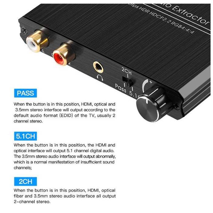 Extractor audio HDMI, JESWO, HDMI 2.0, 3.5 mm AUX Stereo, 4K