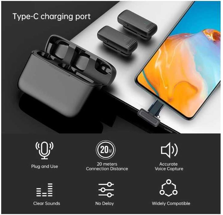 Set 2 Microfoane Wireless Lavaliera Color Lizard, Carcasa Incarcare, USB-C / Lightning
