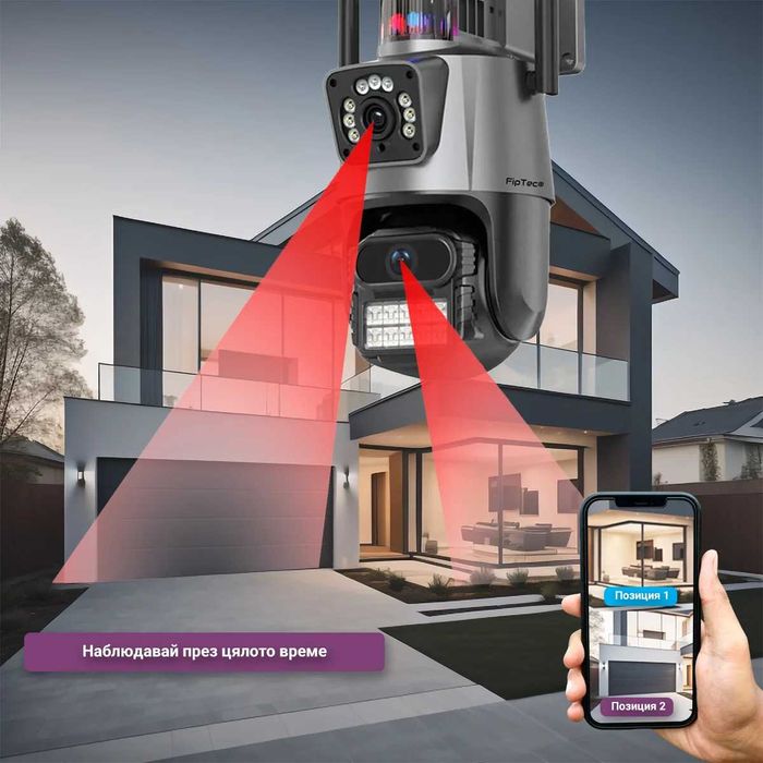 Двойна външна въртяща WiFi AI камера 8MP с два обектива, ICSee, Черна