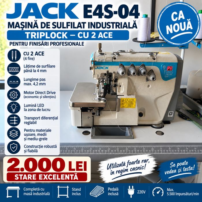 JACK E4S-04 – mașină de surfilat industrială Triplock, 2 ace – ca nouă