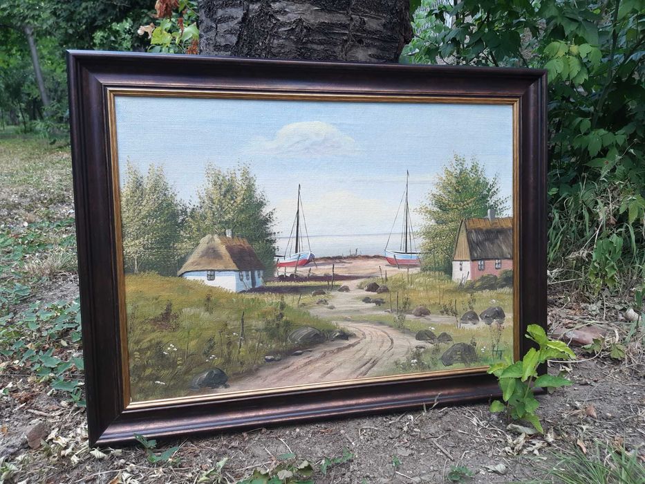 Красива Стара Картина "Рибарско Селище" Маслени Бои на Платно