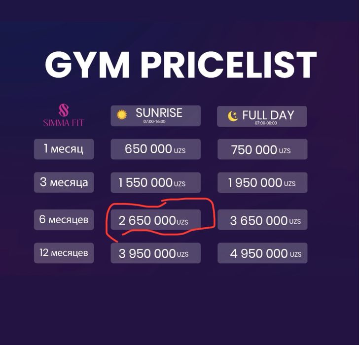 Simma fit abonimet sotaman 6:00 16:00 gacha 4oylik qogan