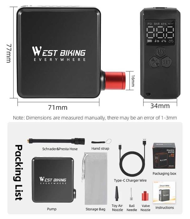 Велосипедный насос WEST BIKING электрический