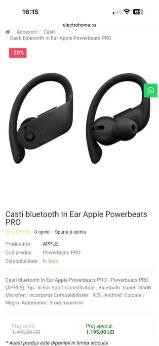 Casti bluetooth In Ear Apple Powerbeats PRO