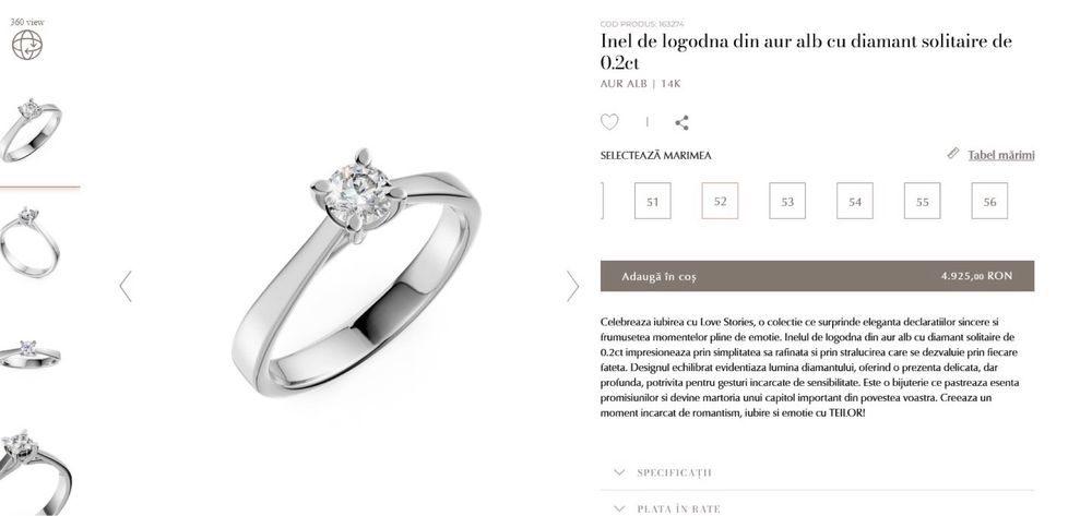 Inel de logodna din aur alb 14K   diamant 0.20 ct  deosebit, ajustabil, certificat, lustruit profesional, arata ca NOU