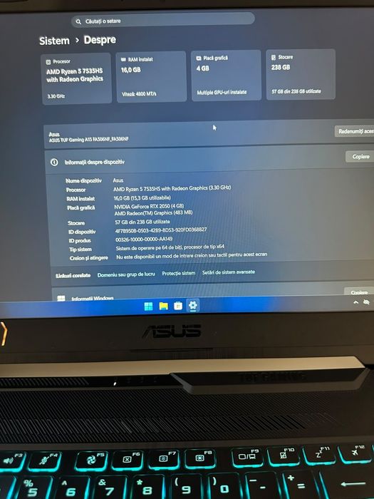 ASUS TUF Gaming A15 (Ryzen 5 7535HS, 16GB RAM DDR5, RTX 2050, 144Hz) - Impecabil