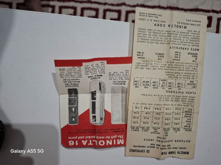 Aparat foto vitange miniatural Minolta 16 cu lentile Rokkor 22mm F2.8 fabricat în Japonia