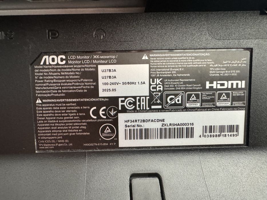 Monitor AOC, 27", IPS, 4K, UHD, 60Hz, 4ms, HDR10, FlickerFree, Boxe 2W x 2, HDMI, DisplayPort, U27B3A, Negru [U27B3A]