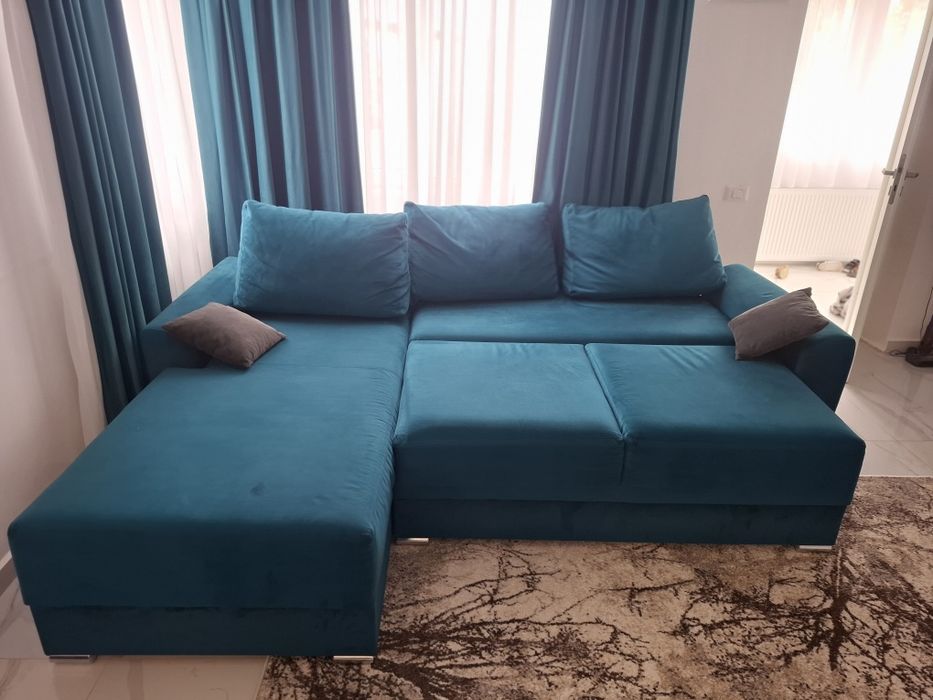 : Colțar living modern, extensibil, cu ladă depozitare, catifea turcoaz, 270x200 cm