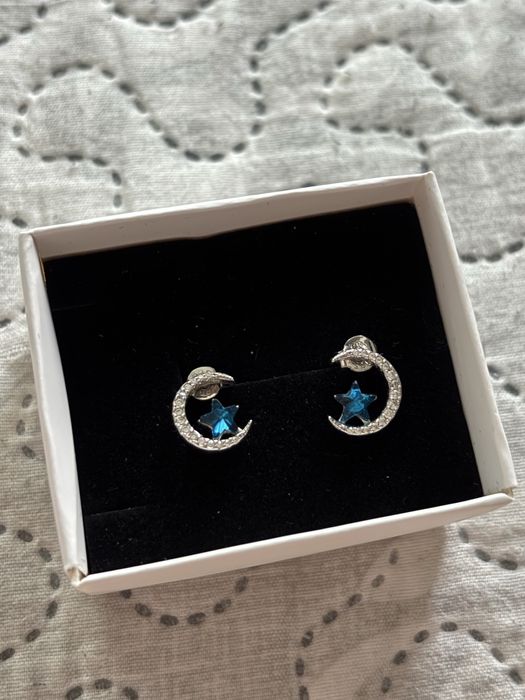 Сребърни обеци луна със звезда цирконии