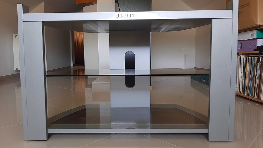 Suport (stand) TV Samsung, 3 etaje fixe, argintiu, lemn/sticla, nou