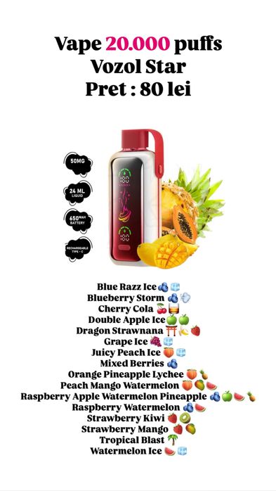 Vozol vape star puffs 20.000 trepte intensitate