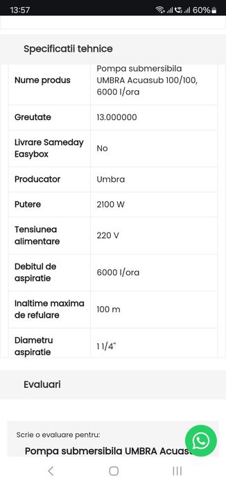 Pompa submersibila UMBRA Acuasub 100/100, 6000 l/or