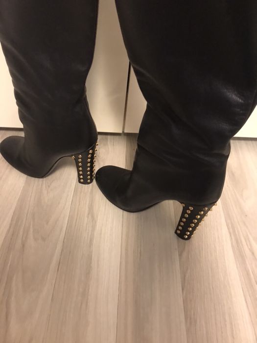 Cizme dama, Gucci, piele, originale, negre, 40, toc cu tinte aurii