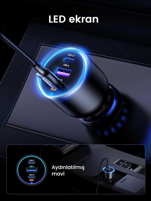 UGREEN авто зарядно USB-C 130W с 3 порта за лаптоп и телефон