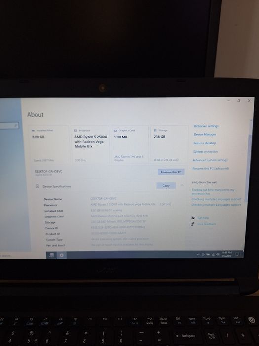 Laptop Acer Aspire A315-41,  Ryzen 5 2500U, 8 GB,  ssd M.2 256 GB  15.6"