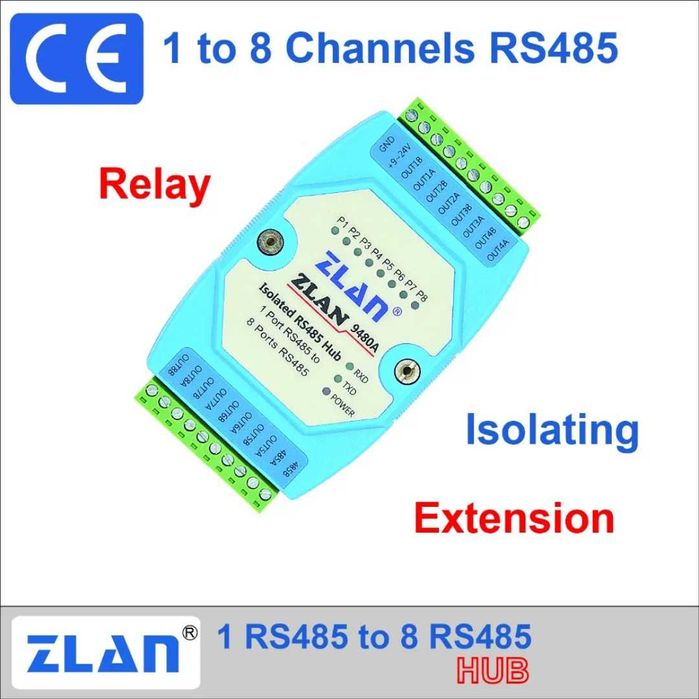 ZLAN9480A RS485 8 канален екстендер ретранслатор
