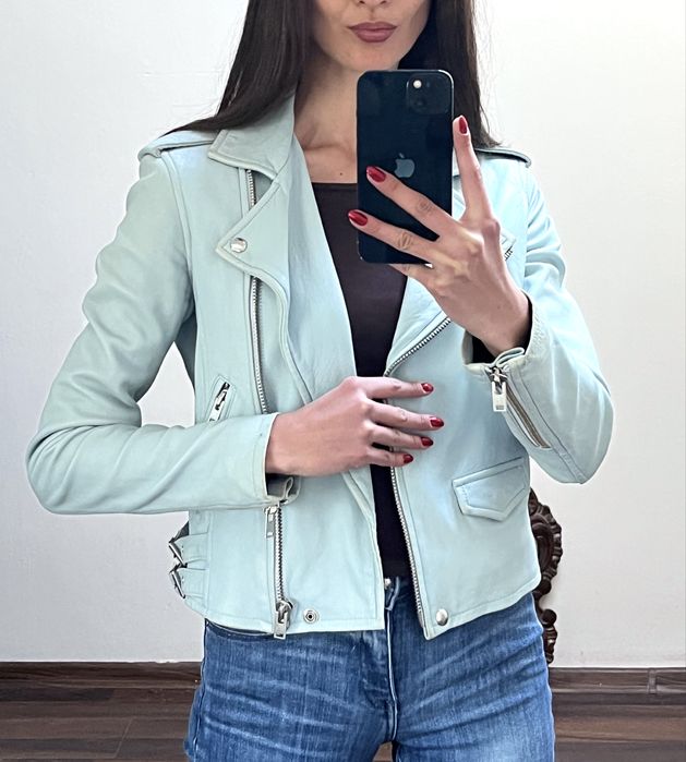 IRO, premium, jachetă 'biker', piele naturală miel, albastru pal