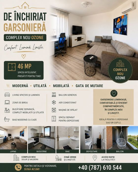 Garsonieră 46 mp | Complex Ozone | Totul nou | Mobilată & utilată