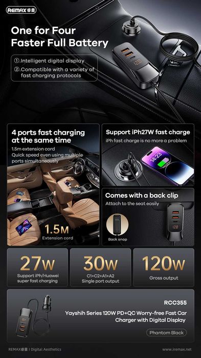 Remax RCC355 Car Fast Charger PD120W Quick Charger QC3.0 for iPhone 16