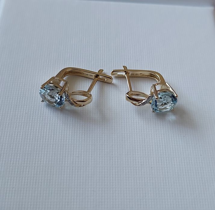 Cercei aur 14k diamante si topaz sky blue