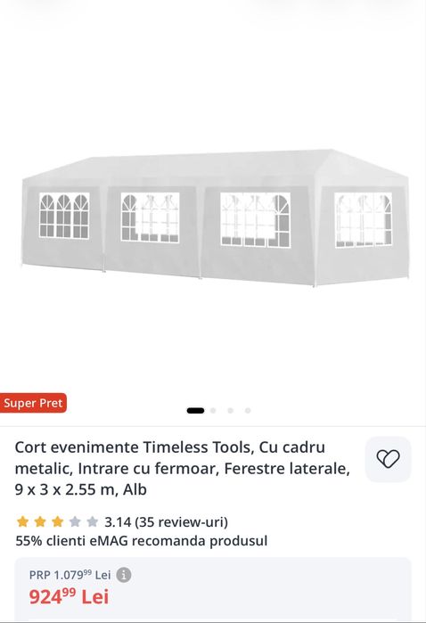 Cort evenimente Timeless Tools Cu cadru metalic Intrare cu fermoar Ferestre laterale 9 x 3 x 2.55 m Alb