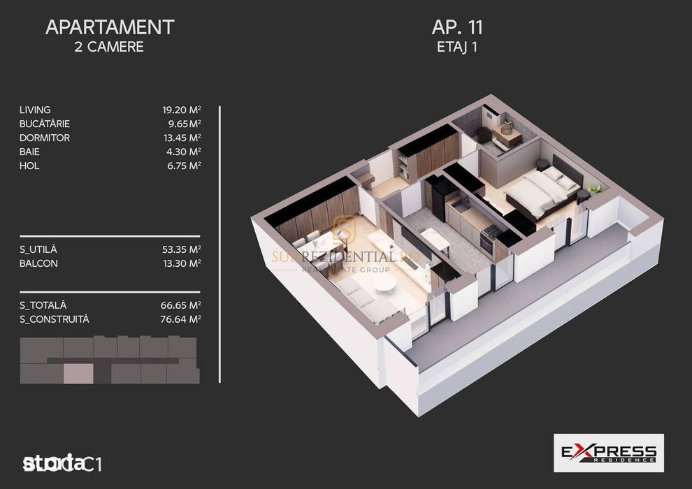 Apartament cu 2 camere de vanzare, balcon 13 mp, bloc nou, Sector 4