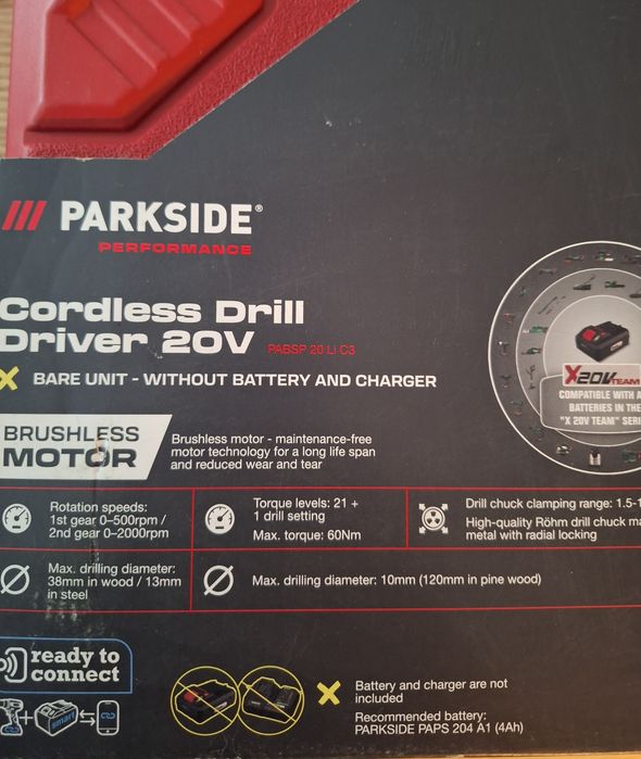 Акумулаторна бормашина на Parkside Performance 20V  PABSP 20-li C4 и C